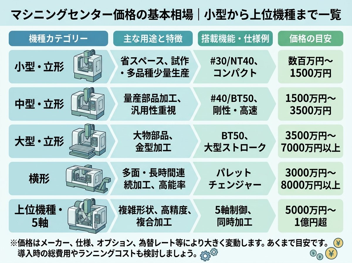 マシニングセンター価格の基本相場|小型から上位機種まで一覧