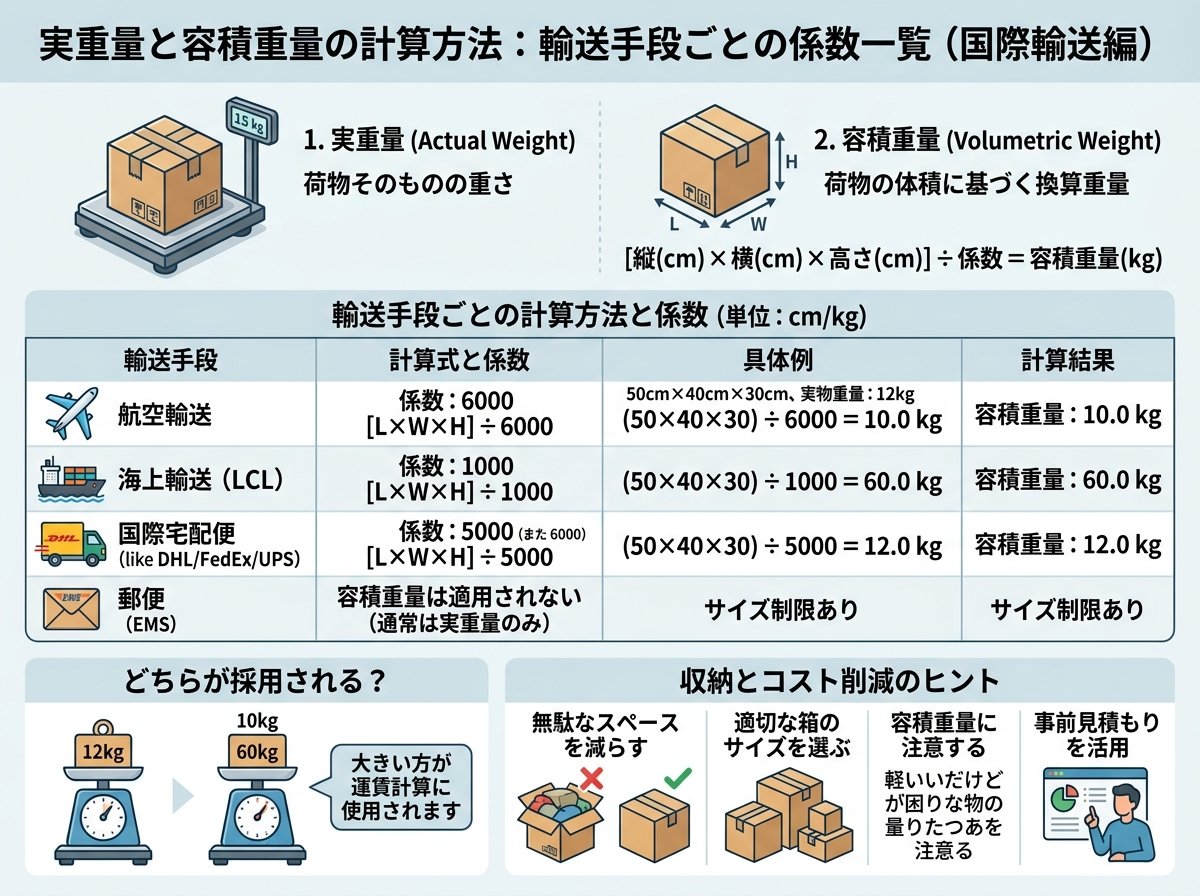 実重量と容積重量の計算方法:輸送手段ごとの係数一覧