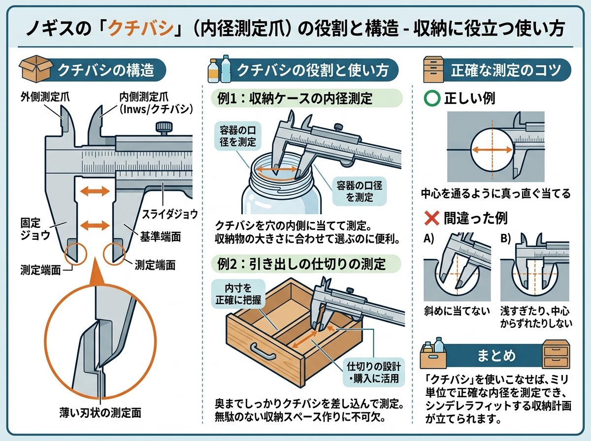 ノギスの内径測定に使う「クチバシ」の役割と構造