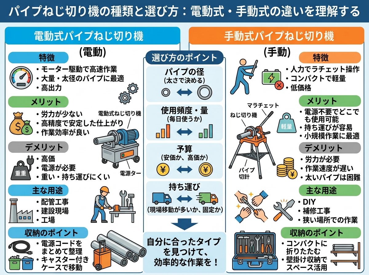 パイプねじ切り機の種類と選び方:電動式・手動式の違いを理解する