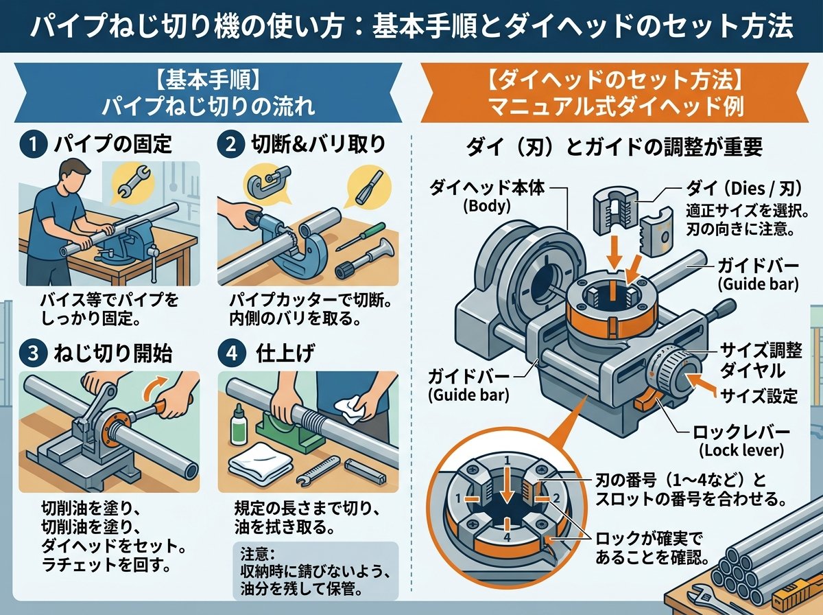 パイプねじ切り機の使い方：基本手順とダイヘッドのセット方法