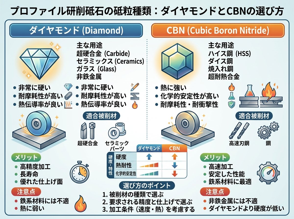 プロファイル研削砥石の砥粒種類:ダイヤモンドとCBNの選び方