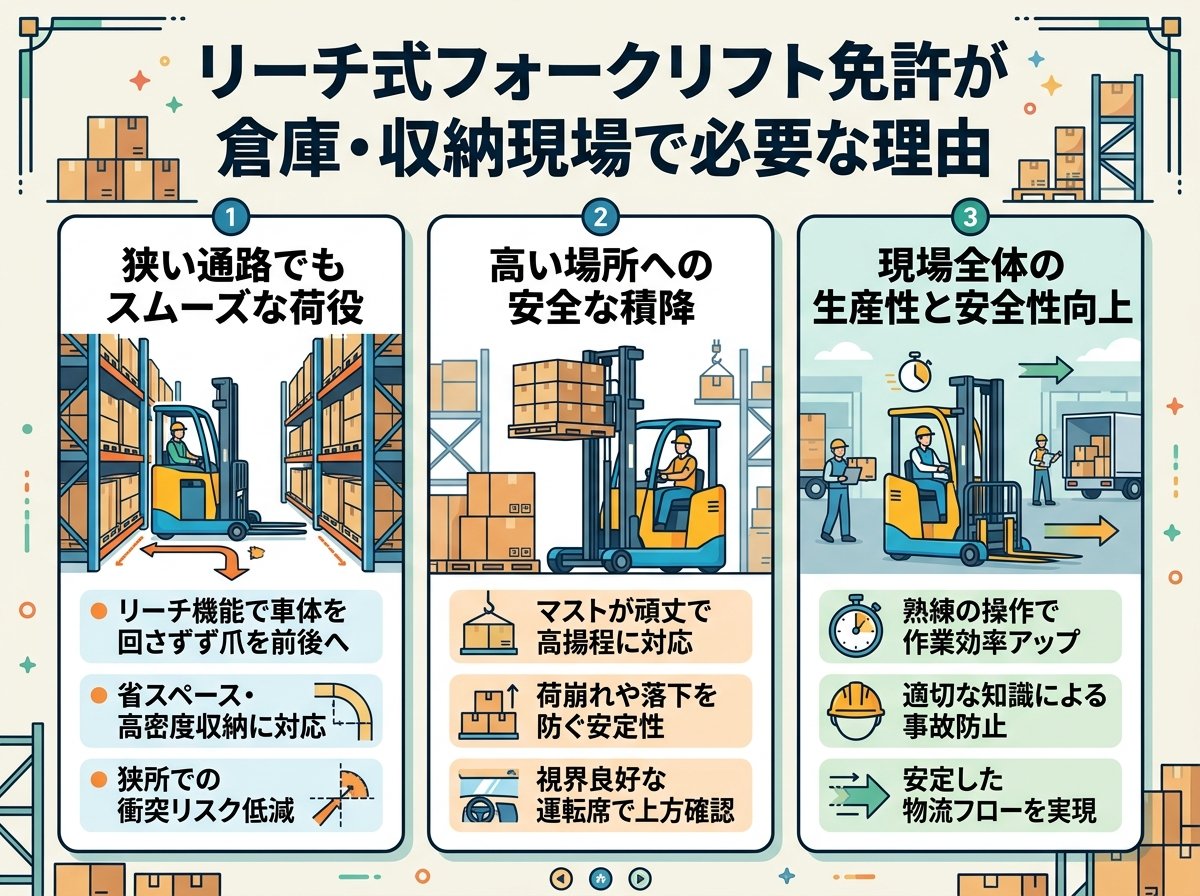 リーチ式フォークリフトの免許が倉庫・収納現場で必要な理由