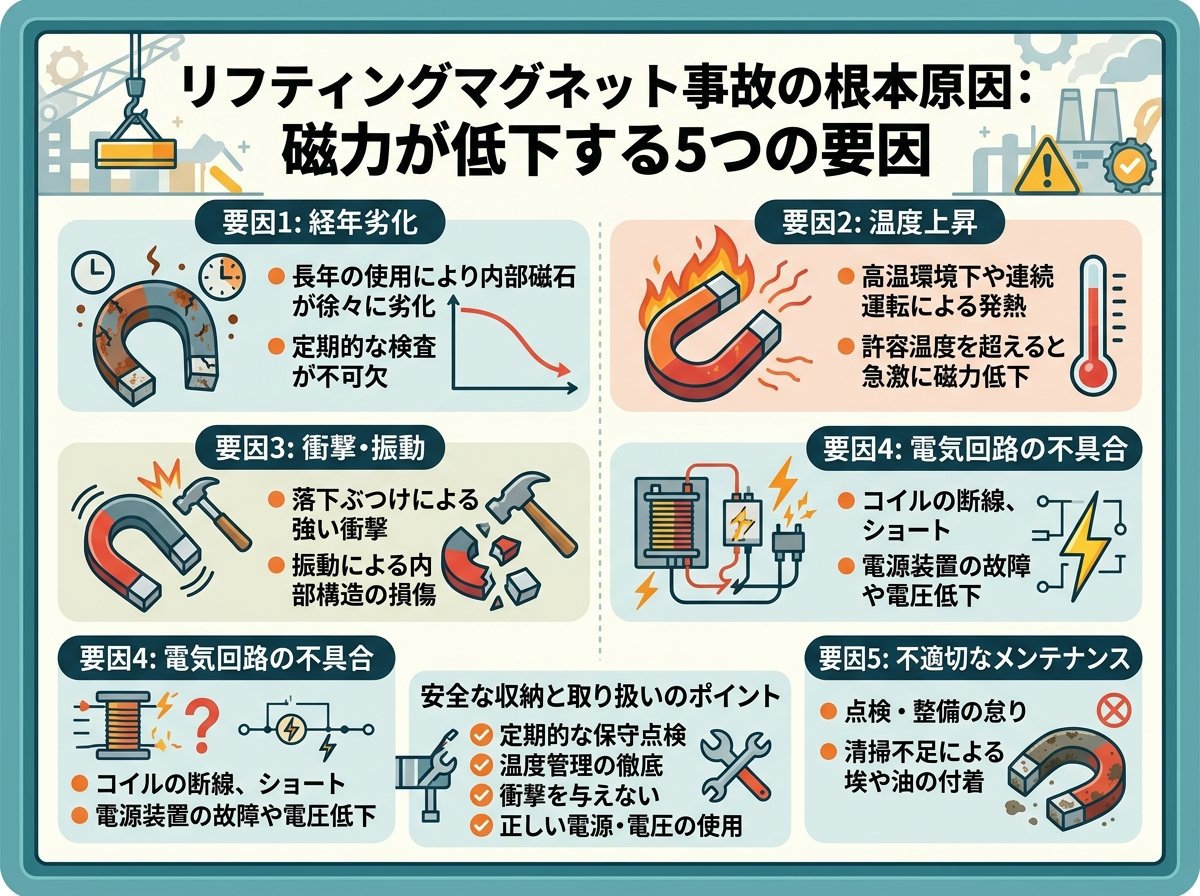 リフティングマグネット事故の根本原因:磁力が低下する5つの要因