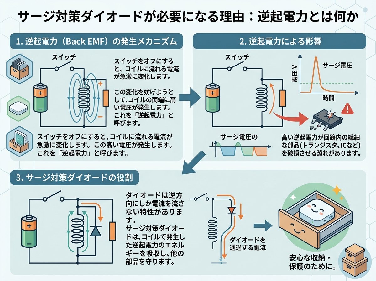 サージ対策ダイオードが必要になる理由:逆起電力とは何か