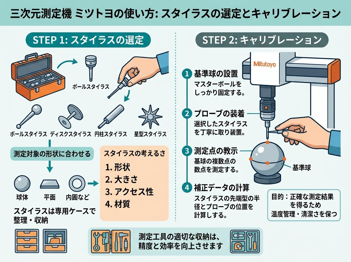 三次元測定機ミツトヨの使い方:スタイラスの選定とキャリブレーション
