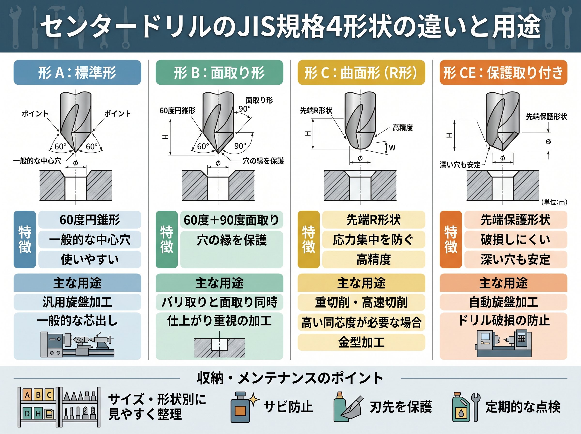 センタードリルのJIS規格4形状の違いと用途