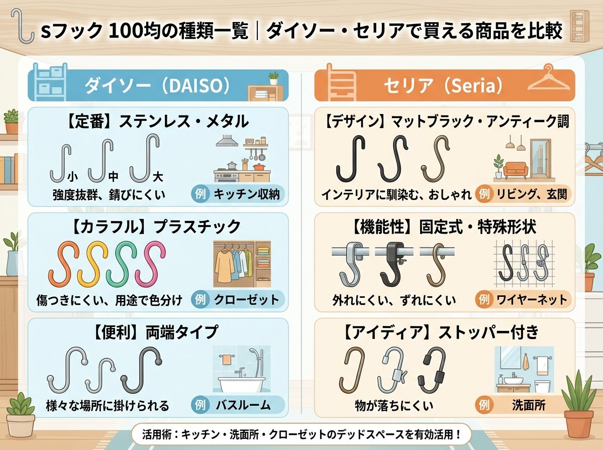 sフック 100均の種類一覧|ダイソー・セリアで買える商品を比較