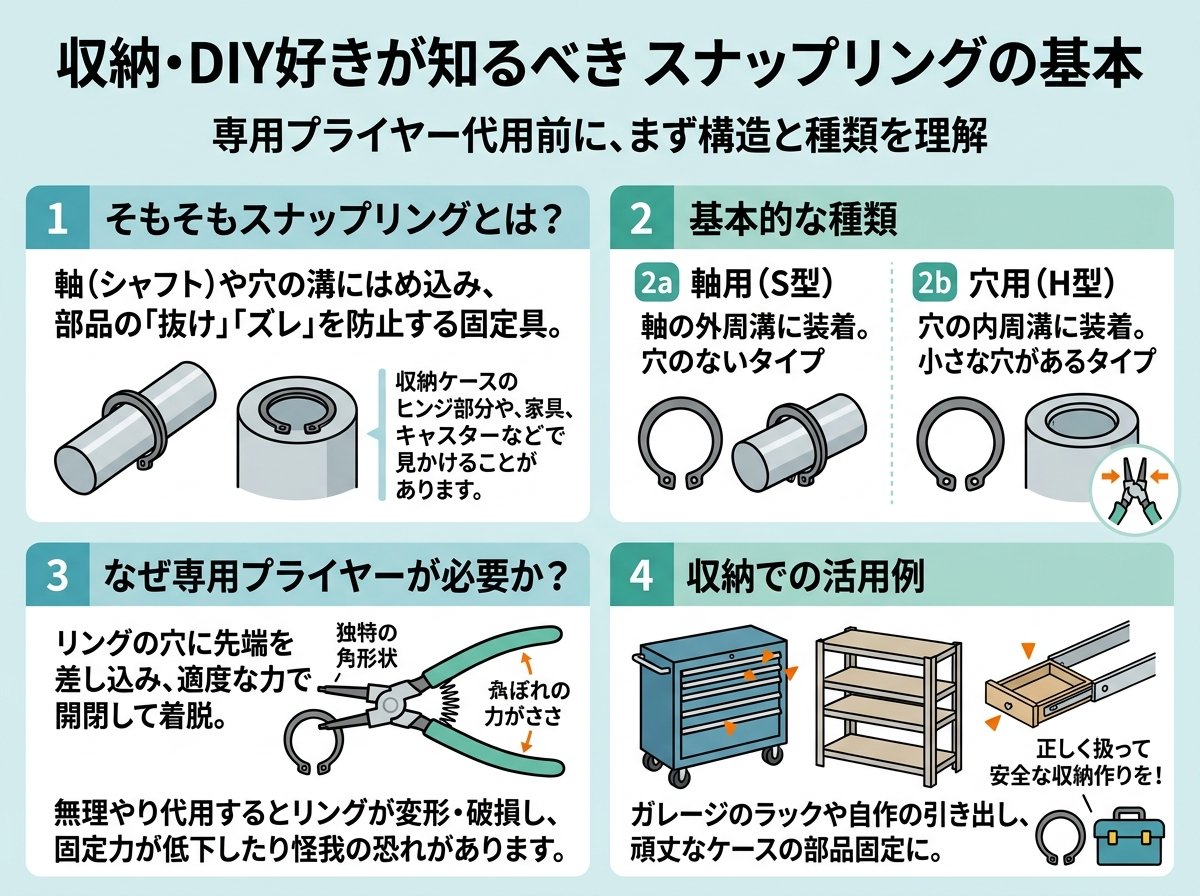 スナップリングプライヤーの代用前に知るべきスナップリングの基本