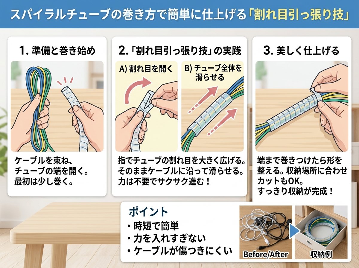 スパイラルチューブの巻き方で簡単に仕上げる「割れ目引っ張り技」