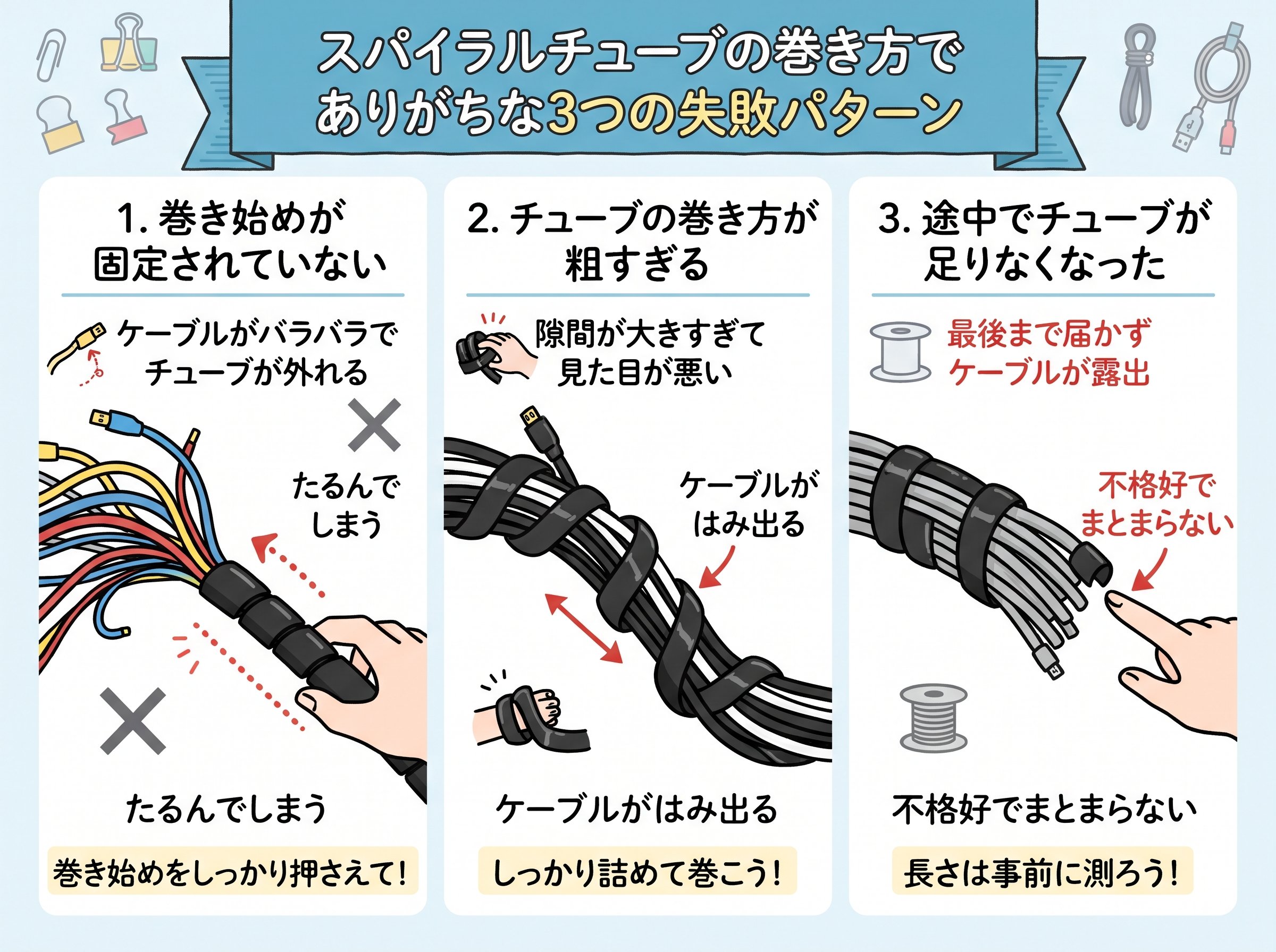 スパイラルチューブの巻き方でありがちな3つの失敗パターン