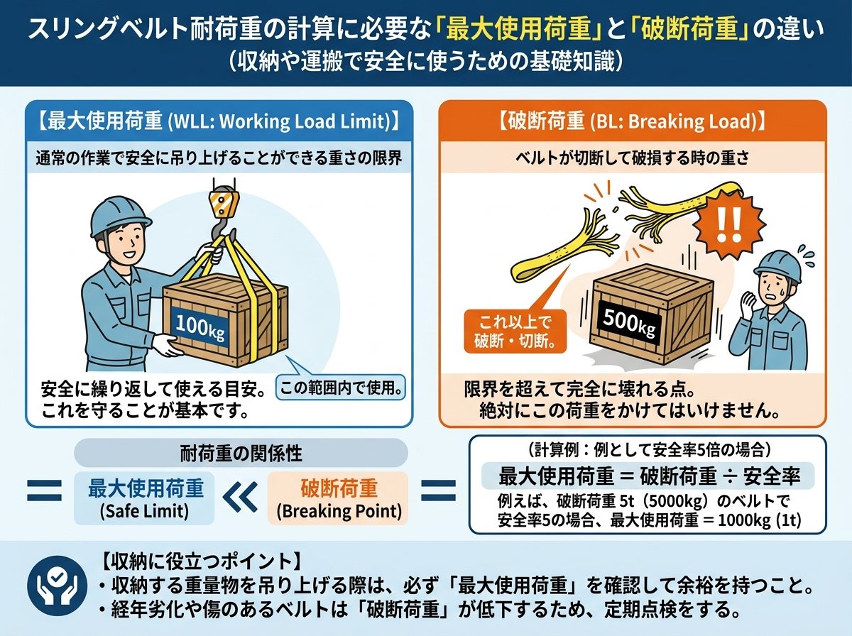 スリングベルト耐荷重の計算に必要な「最大使用荷重」と「破断荷重」の違い