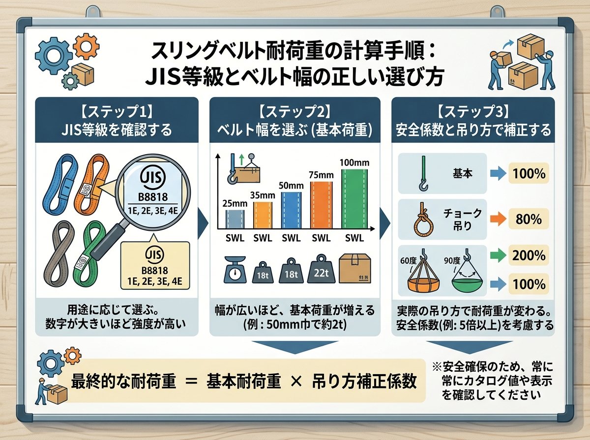 スリングベルト耐荷重の計算手順:JIS等級とベルト幅の正しい選び方