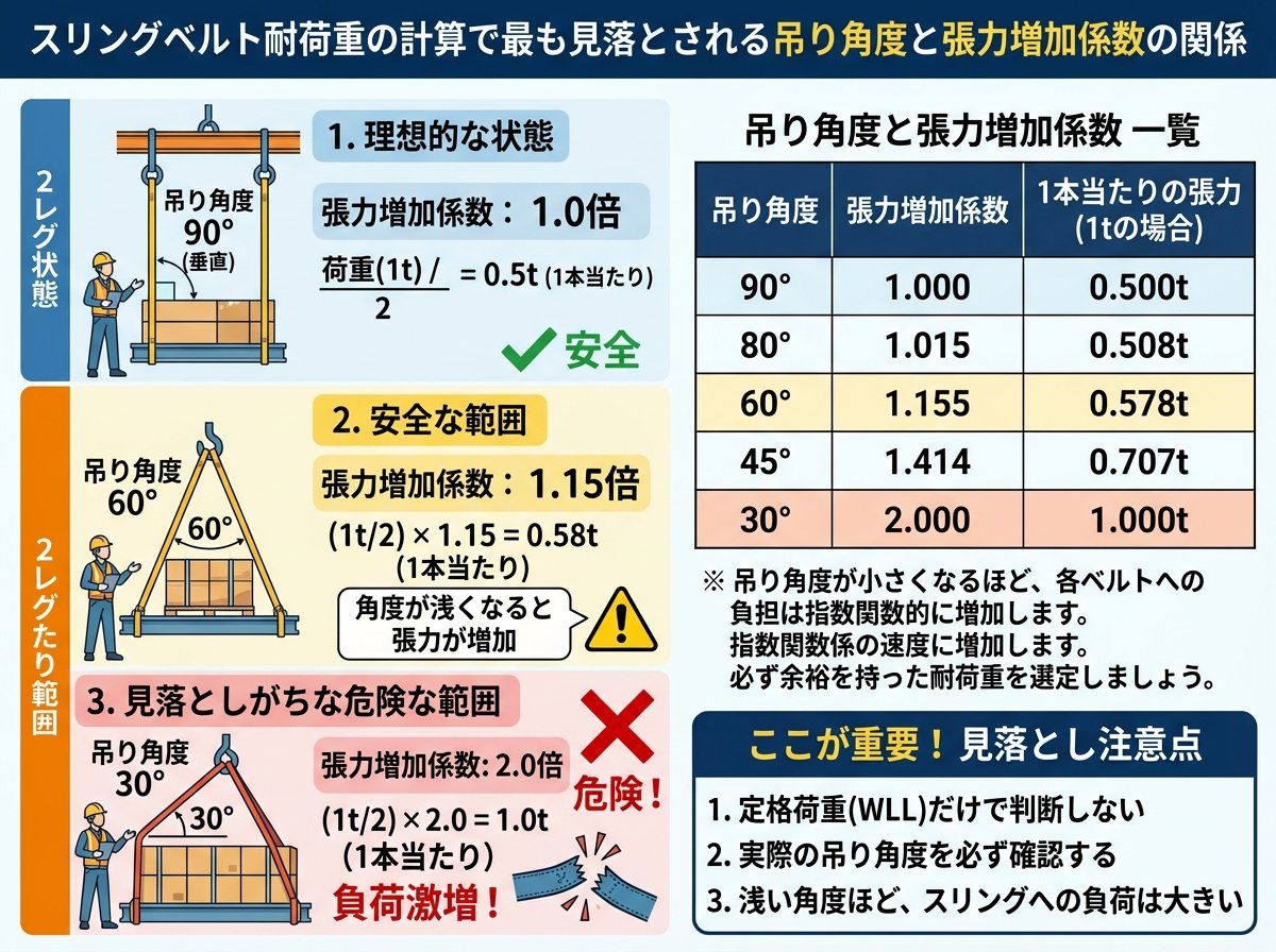 スリングベルト耐荷重の計算で最も見落とされる吊り角度と張力増加係数の関係