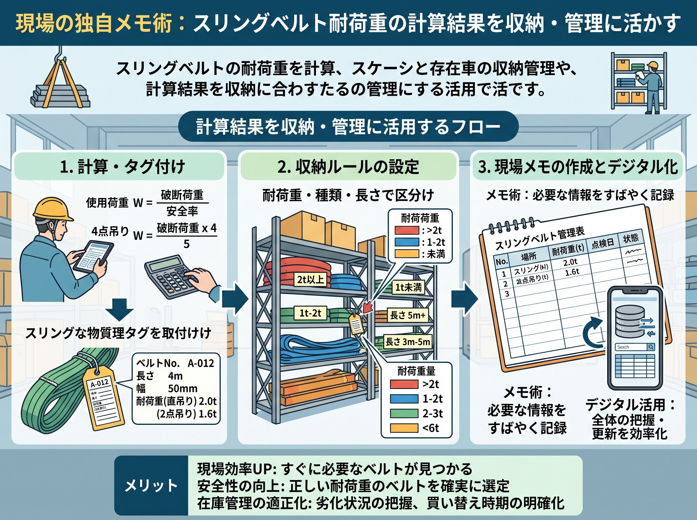 スリングベルト耐荷重の計算結果を収納・管理に活かす現場の独自メモ術