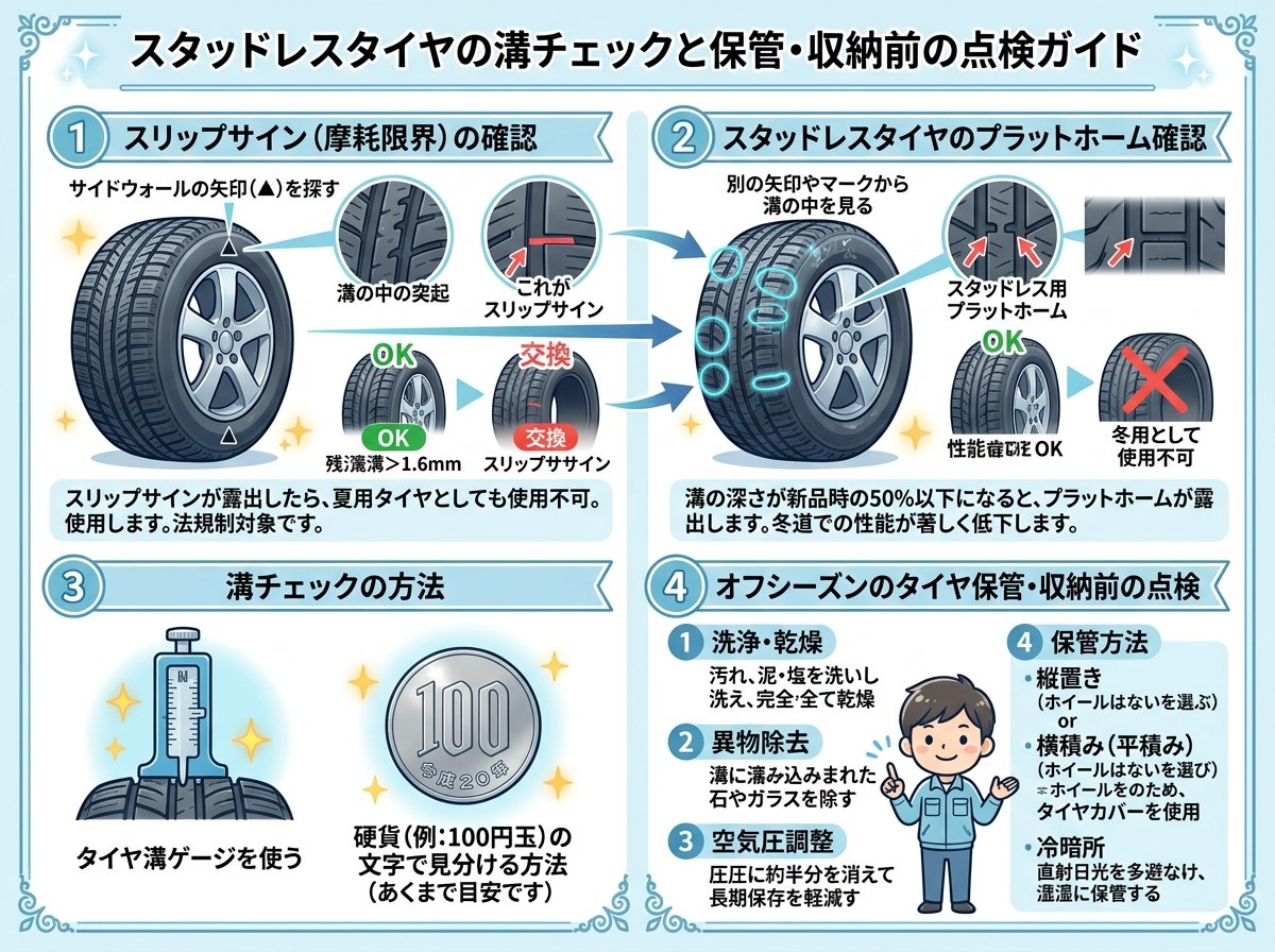 スタッドレスタイヤのスリップサイン位置と確認方法