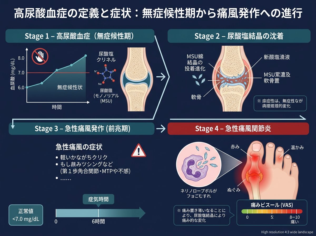 高尿酸血症の定義と症状：無症候性期から痛風発作への進行