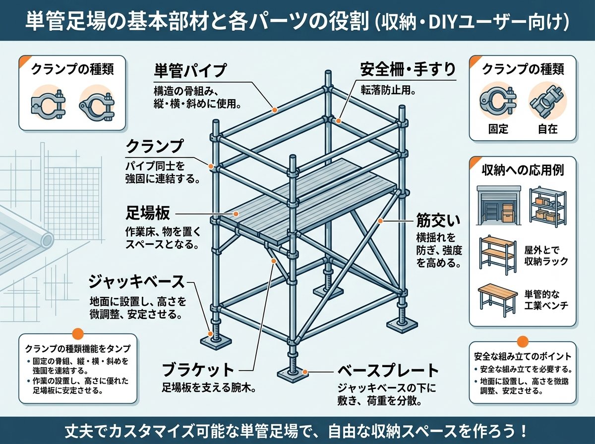 単管足場の組み方に必要な基本部材と各パーツの役割