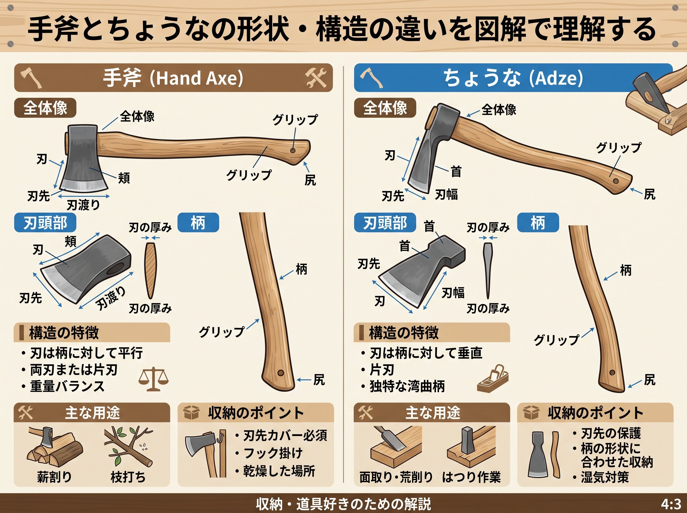 手斧とちょうなの形状・構造の違いを図解で理解する