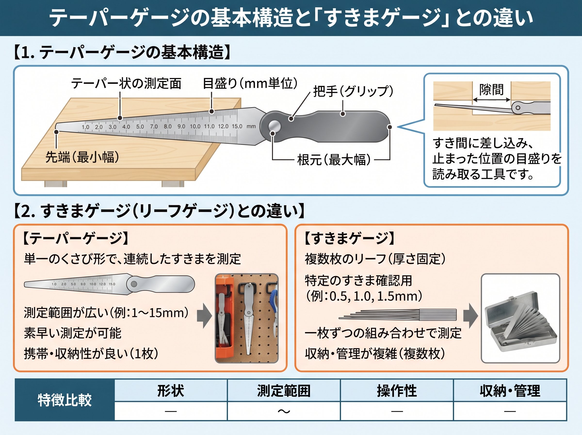 テーパーゲージの基本構造と「すきまゲージ」との違い