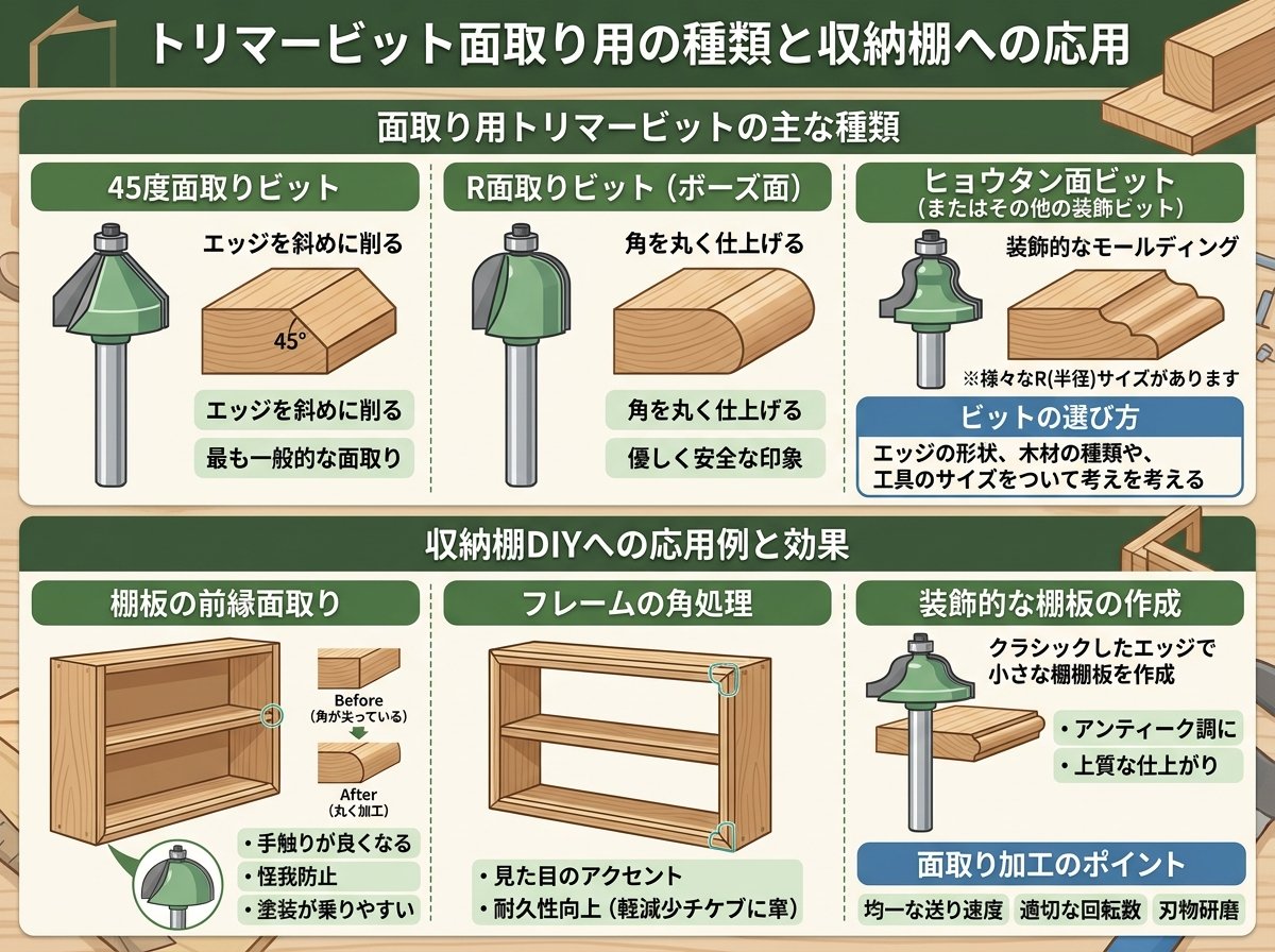トリマービット面取り用の種類と収納棚への応用
