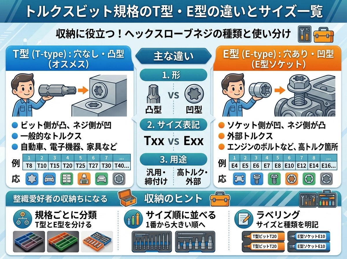 トルクスビット規格のT型・E型の違いとサイズ一覧