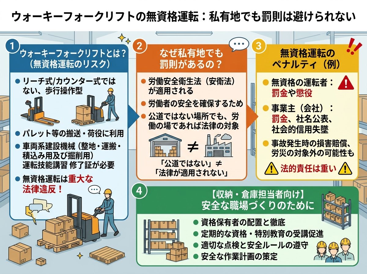 ウォーキーフォークリフトの無資格運転:私有地でも罰則は避けられない
