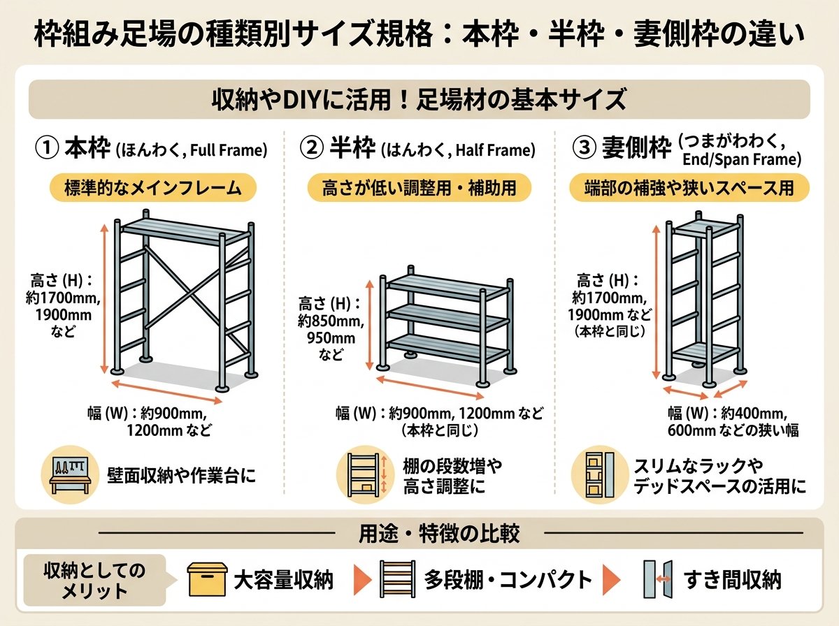 枠組み足場の種類別サイズ規格:本枠・半枠・妻側枠の違い