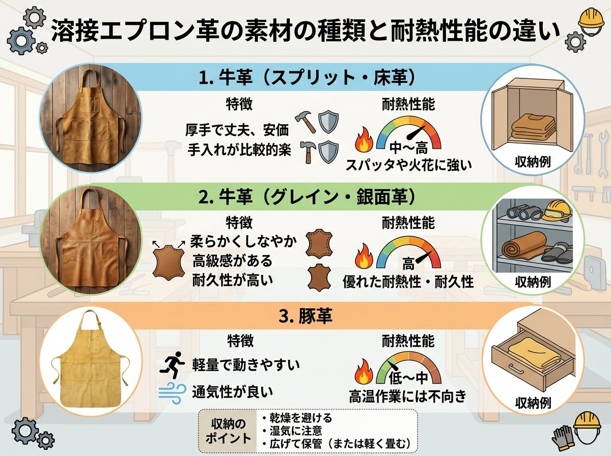 溶接エプロン革の素材の種類と耐熱性能の違い