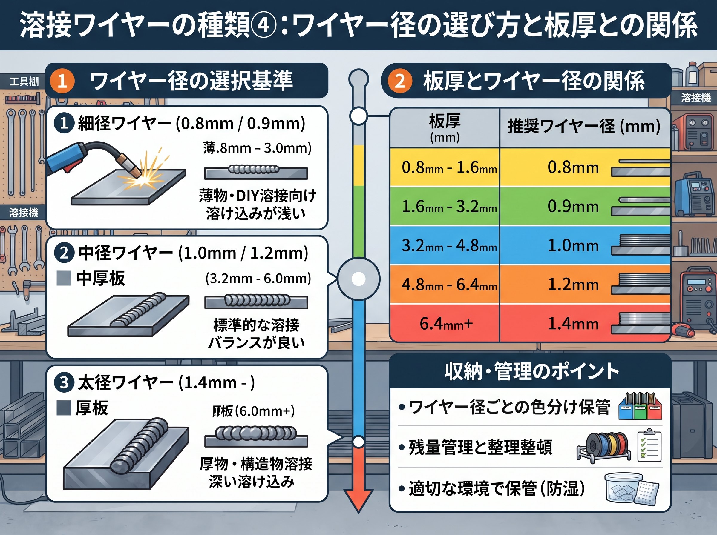 溶接ワイヤーの種類④:ワイヤー径の選び方と板厚との関係