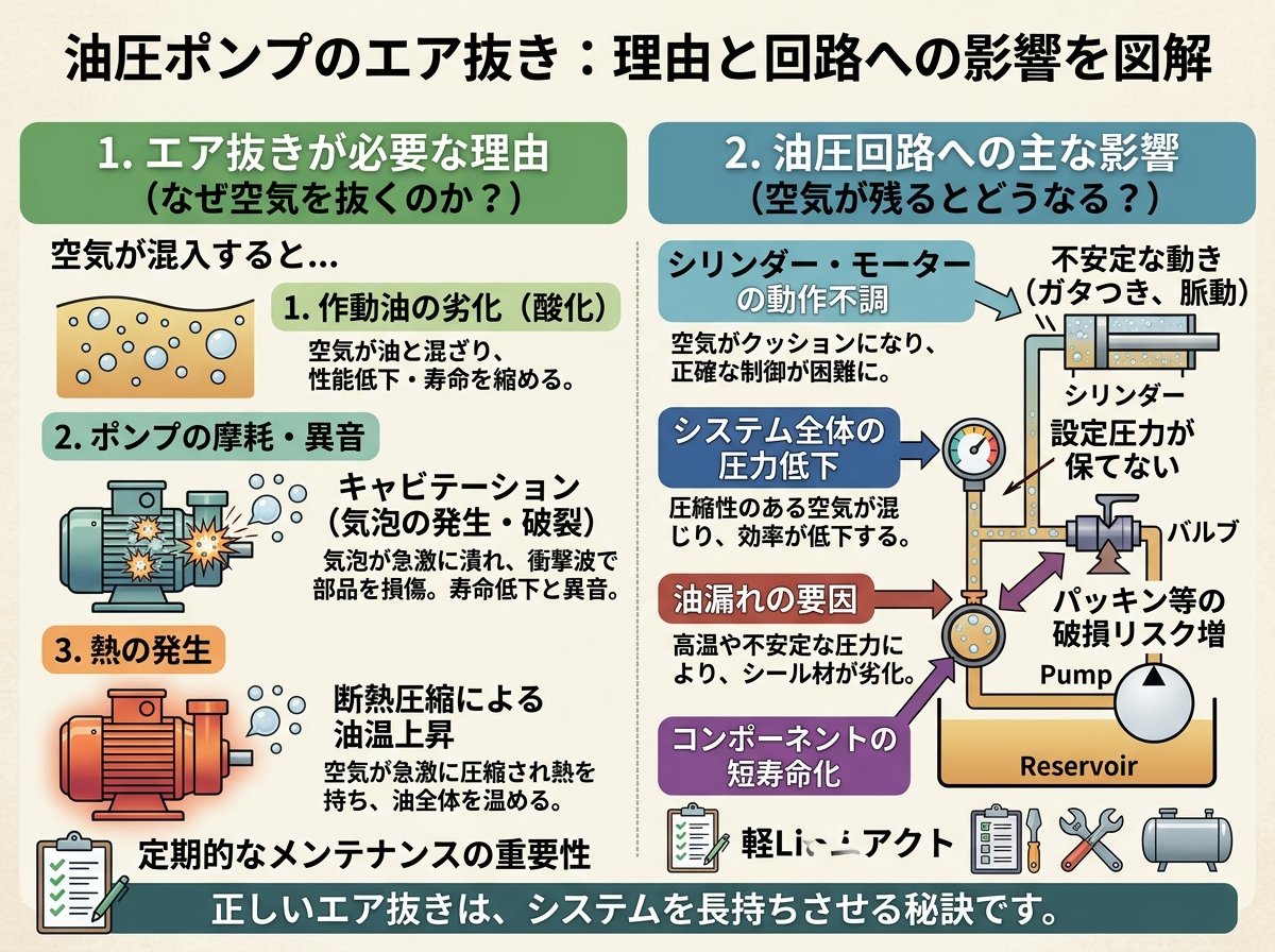 油圧ポンプのエア抜きが必要な理由と油圧回路への影響