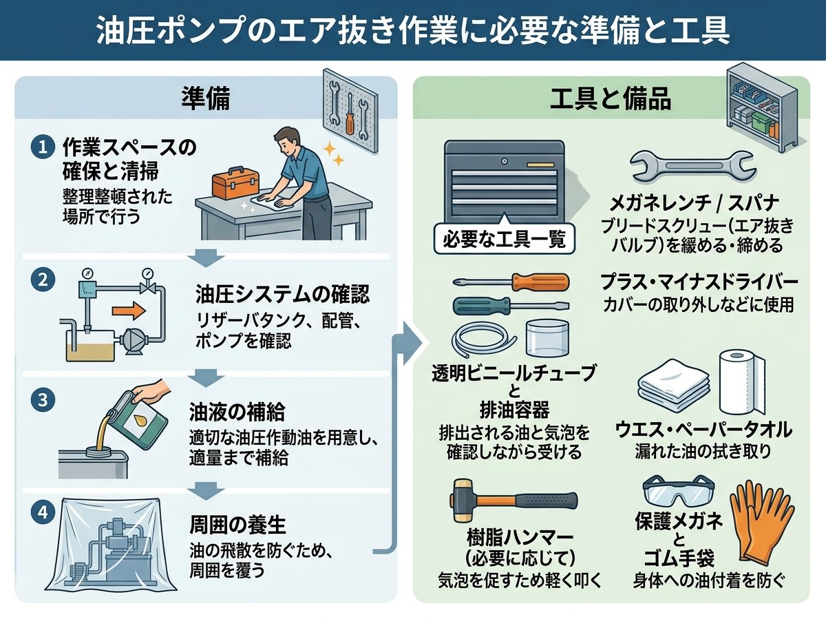 油圧ポンプのエア抜き作業に必要な準備と工具