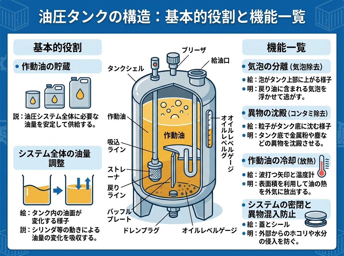 油圧タンクの構造が持つ基本的な役割と機能一覧