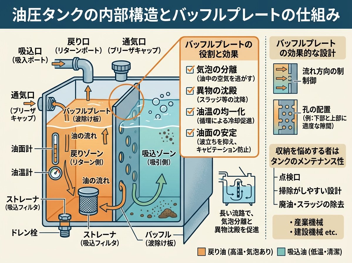 油圧タンクの内部構造とバッフルプレートの仕組み